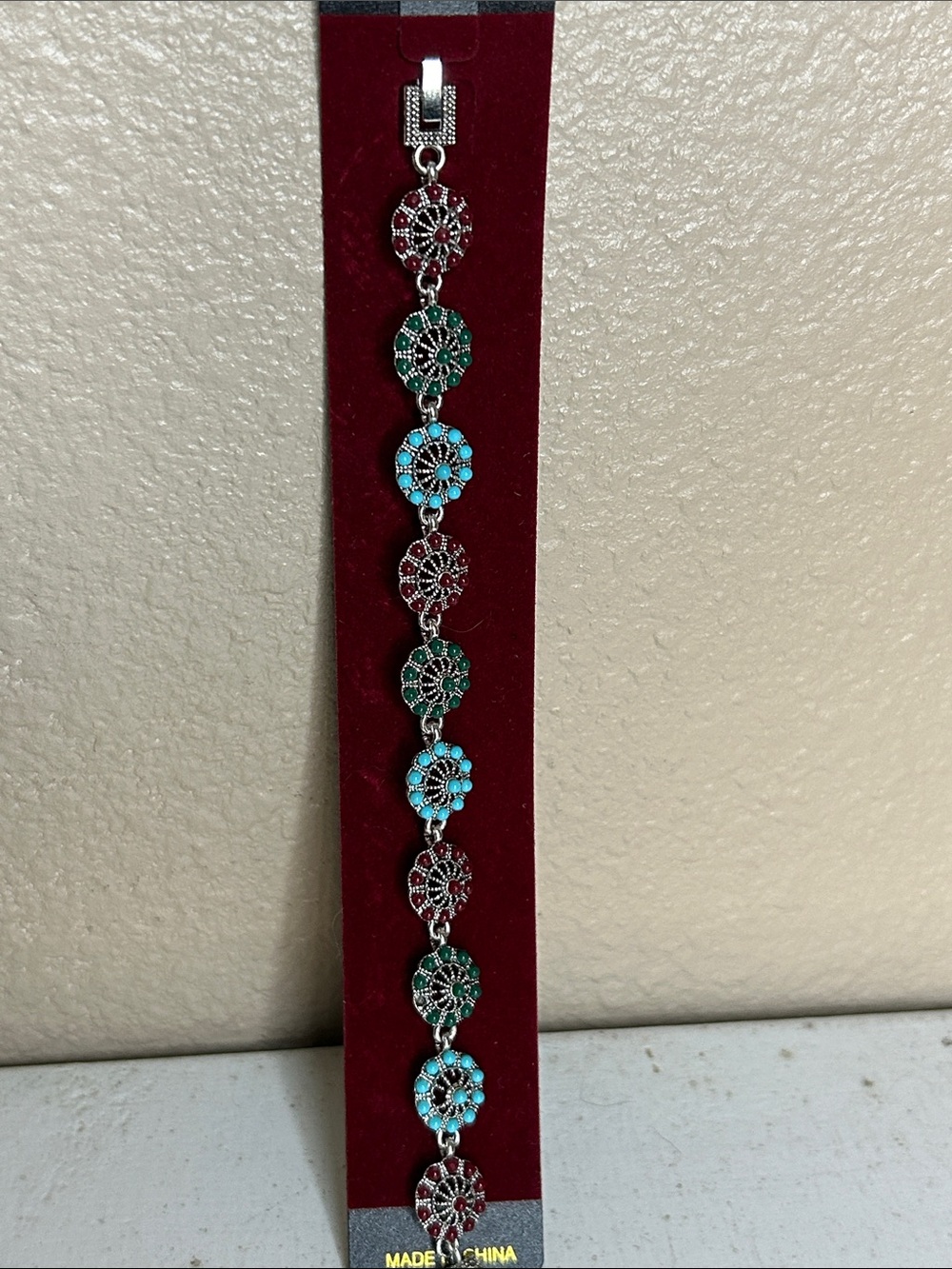 Bohemian Multicolor Disc Bracelet with Turquoise, Green & Red Accents - Picture 2 of 3